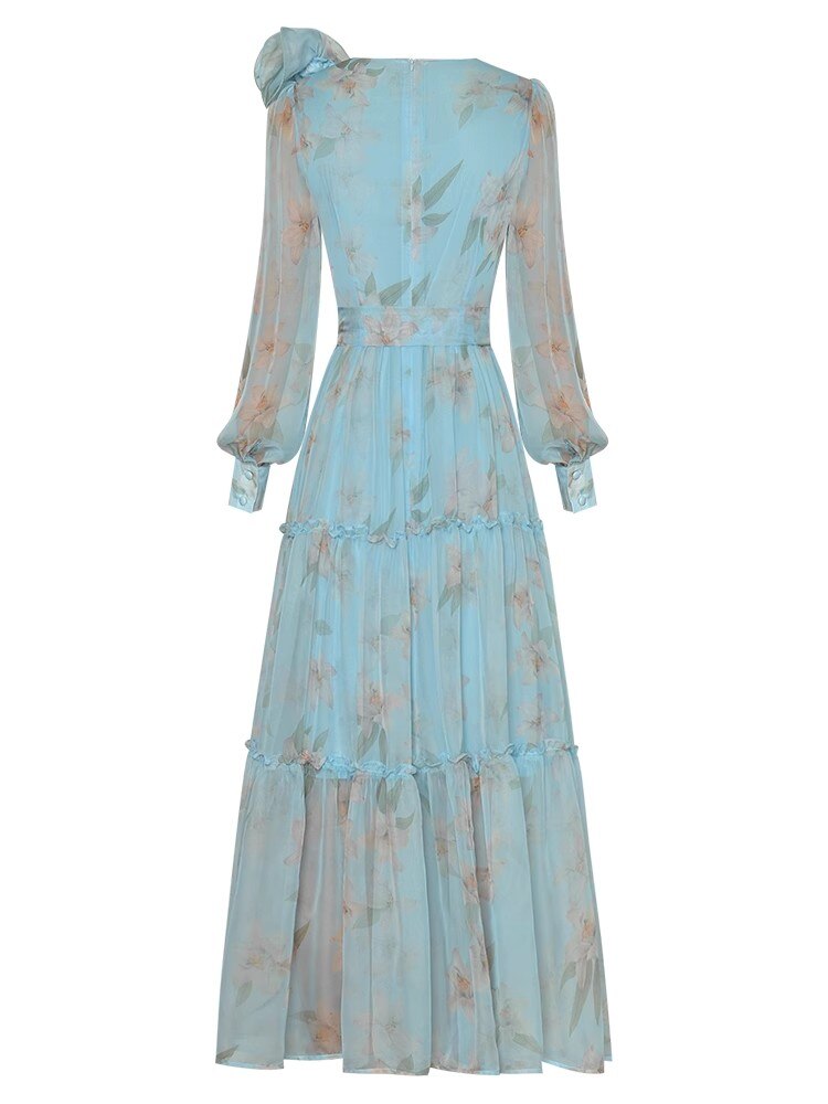 Taiga Summer Applique V-Neck Lantern Sleeve Ruffle Lace-up Print Elegant Party Dress