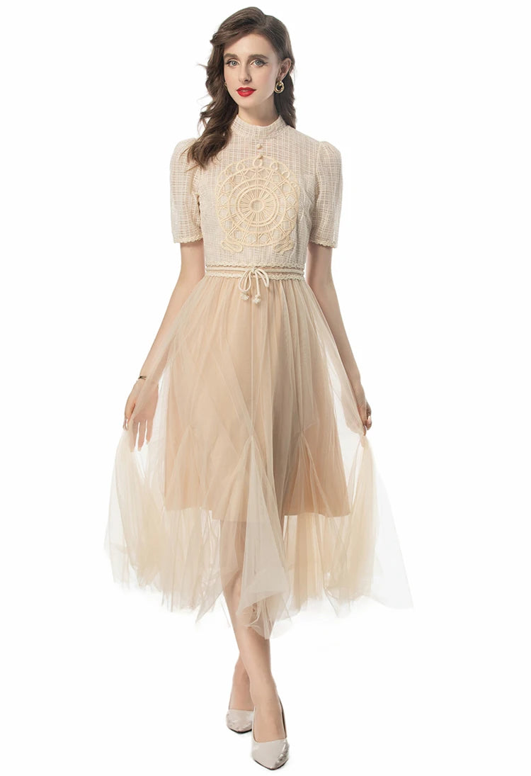 Lena Short-Sleeved High Waiste Lace-Up Vintage Elegant Party Dress