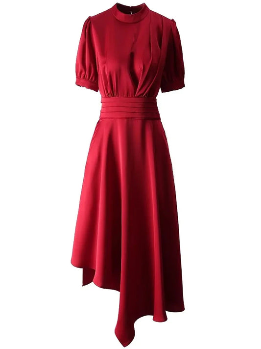 Tatiana Stehkragen Laternenärmel Schnürung Einfarbig Vintage Kleid