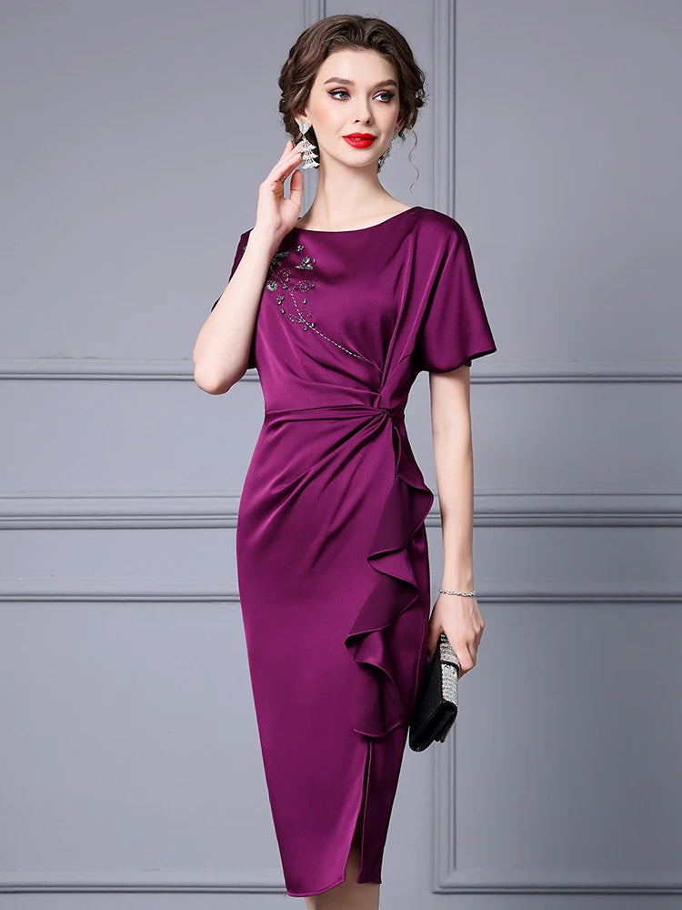 Gemma O-Neck Short Sleeve Beading Ruffles Elegant Party Dress PURPLE / M Gemma O-Neck Short Sleeve Beading Ruffles Elegant Party Dress PURPLE / M