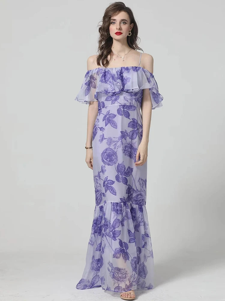 Fernanda Spaghetti Strap Butterfly Sleeve Rose Print Elegant Dress Red / S Fernanda Spaghetti Strap Butterfly Sleeve Rose Print Elegant Dress Red / S