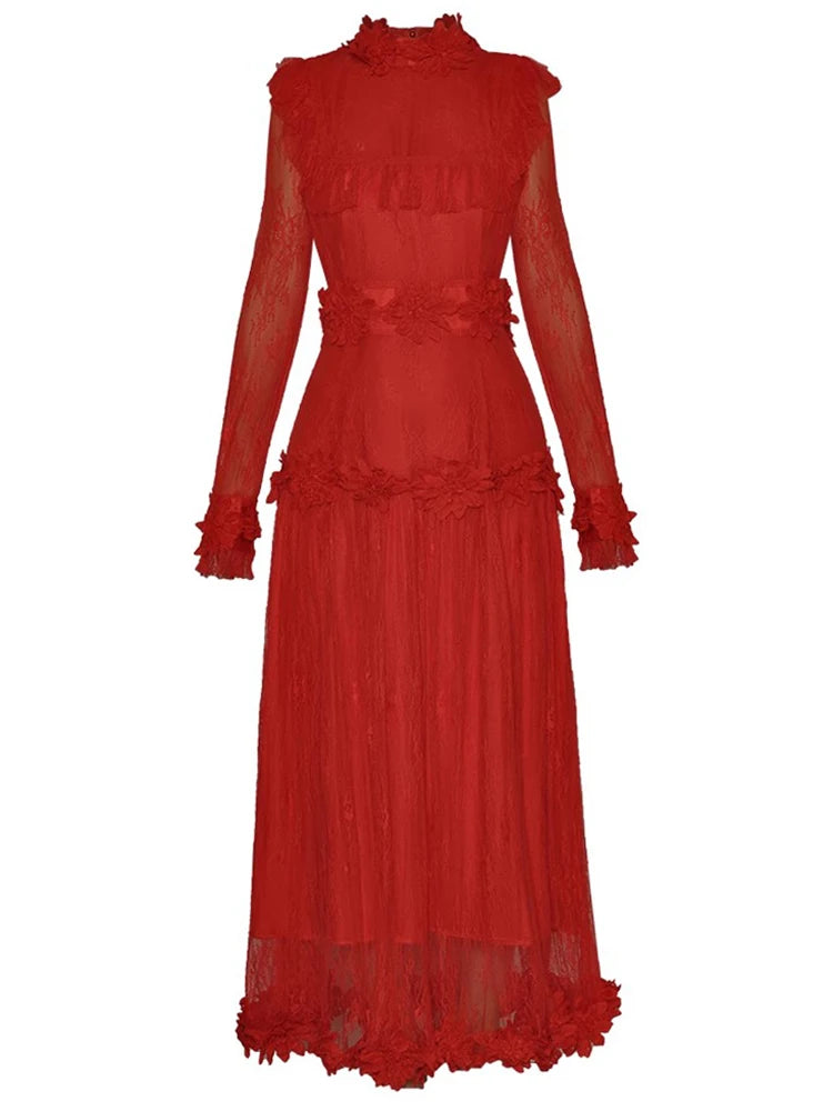 Niccola Stand Collar Long Sleeves Appliques Red Vintage Party Dress Red / XXL Niccola Stand Collar Long Sleeves Appliques Red Vintage Party Dress Red / XXL