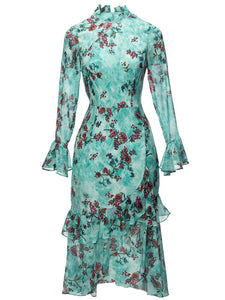 Monroe Stand Collar Flare Sleeve Ruffle Flower Print Vintage Dress