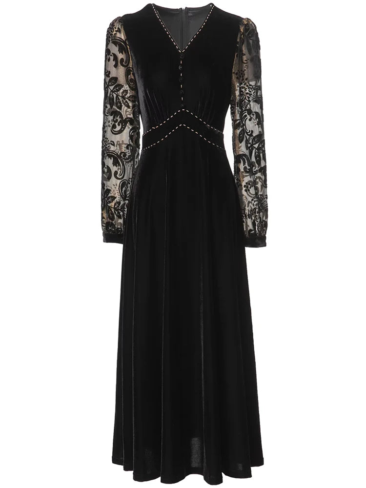 Blaire  V-Neck Jacquard Lantern Sleeve Black Dress