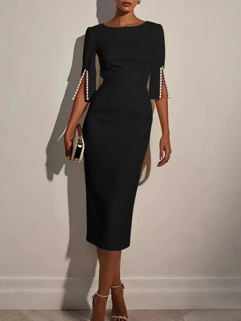 Carina Office Solid Color Commuter Bead Slim and Elegant Evening Party Dress