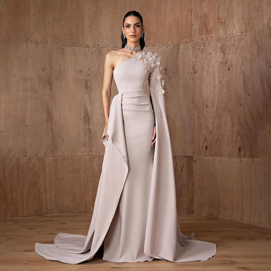 One Shoulder Overskirt Evening Dress with 3D Floral Cape