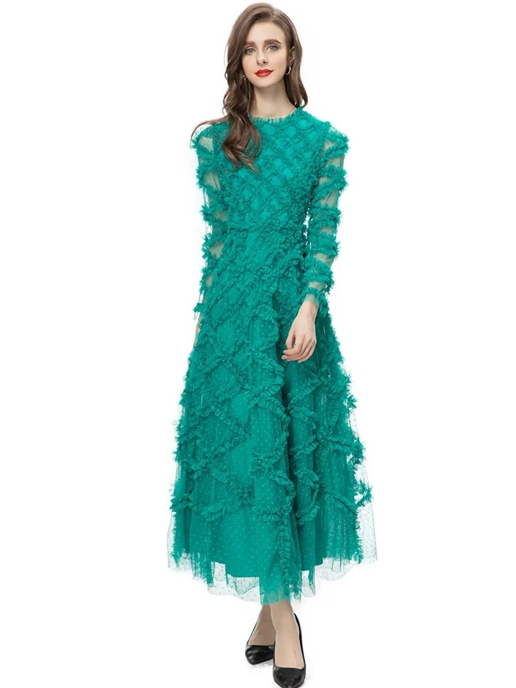 Elyse Dot Mesh Dress Women O-Neck Long Sleeve Tiered Ruffles Elegant Party Long Dress