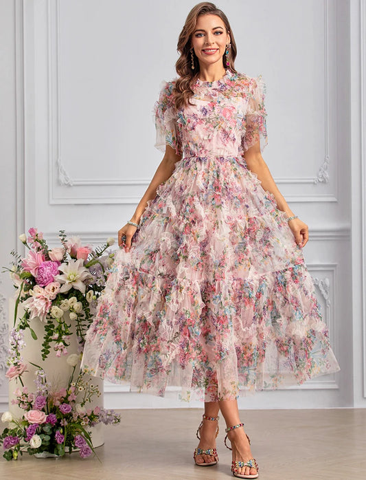 Noor Bohemian Floral Print Net Yarn Cascading Ruffle Sexy Dress