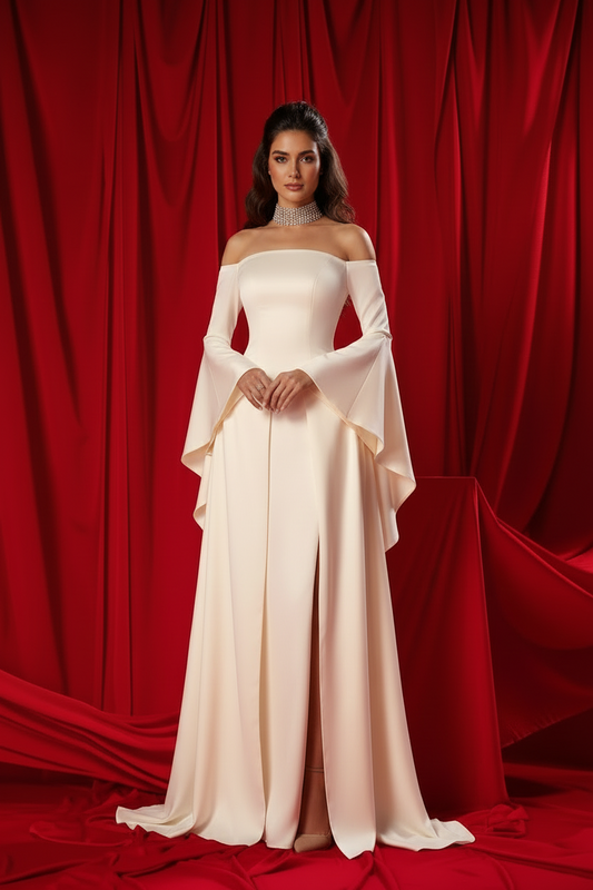 Angel Off Shoulder Arabic Evening Dress Beige Ivory Beige Flare Sleeve