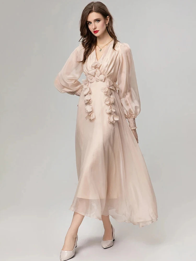 Sky V-Neck Lantern Sleeve Appliques Lace-up Backless Elegant Party Long Dress