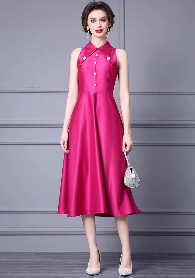 Vanessa Turn-Down Collar Sleeveless Beading Solid Color Commuter Dress