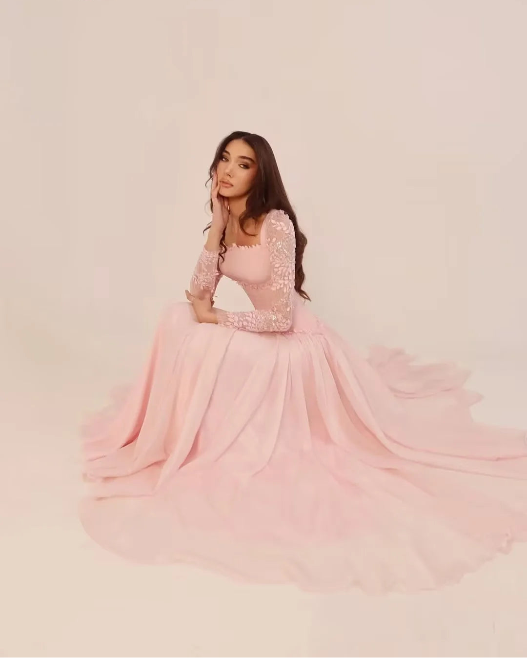 Rainchel Pink Beads Prom Gown O Neck Full Sleeves A Line Evening Dress