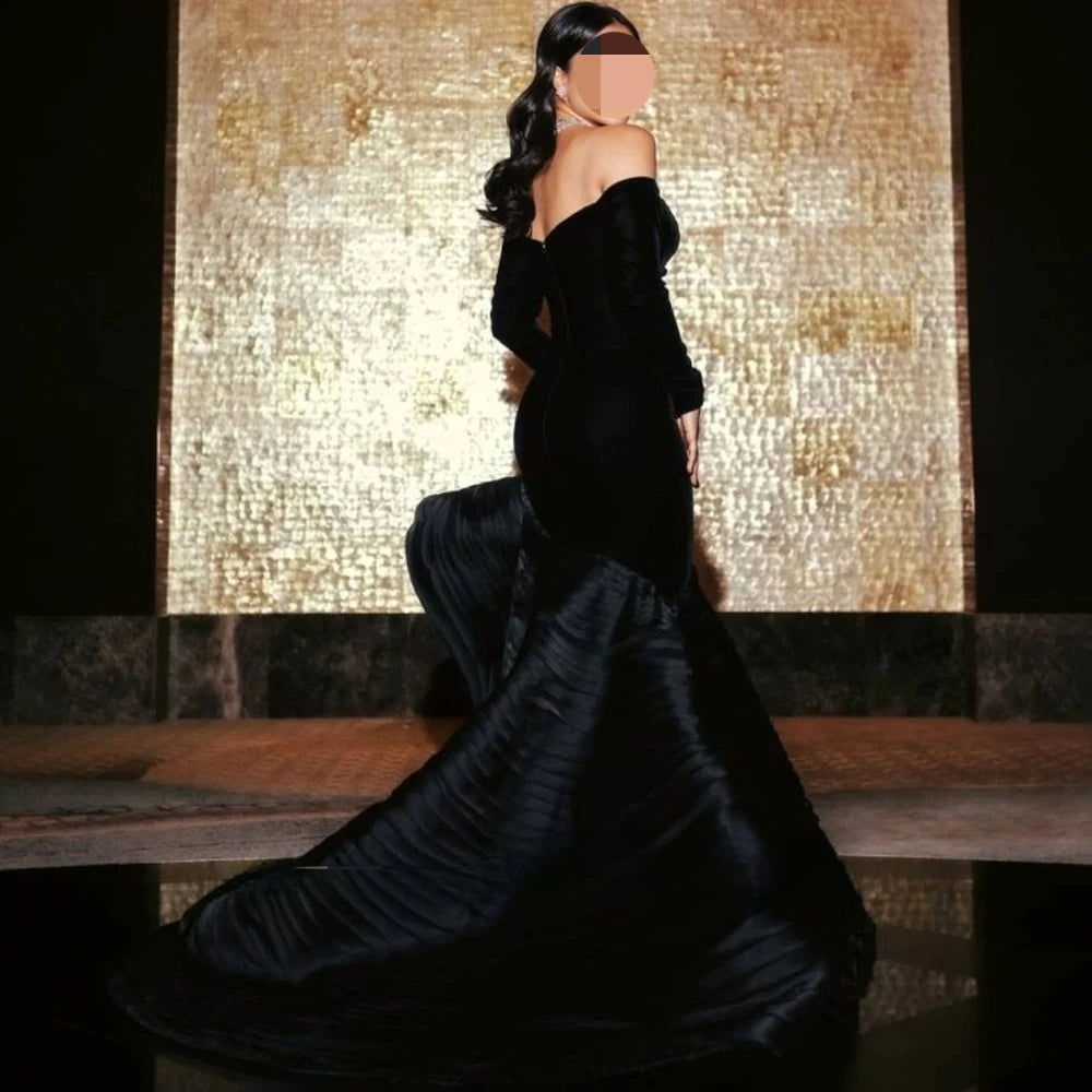 Bela Black Organza Evening Dresses Customized Strapless Long Sleeves Prom Dress Temperament Court Train Celebrity Gowns