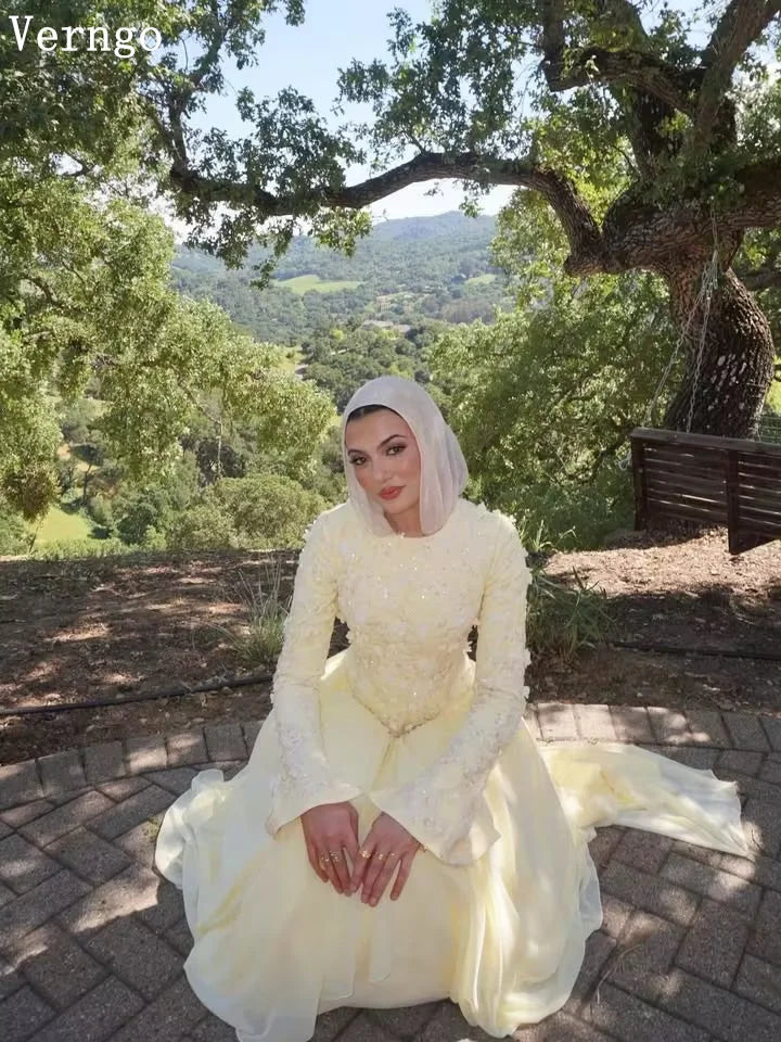 Gaia Luxury Yellow Crepe Evening Dress Appliques O Neck Full Sleeves A Line Prom Dress