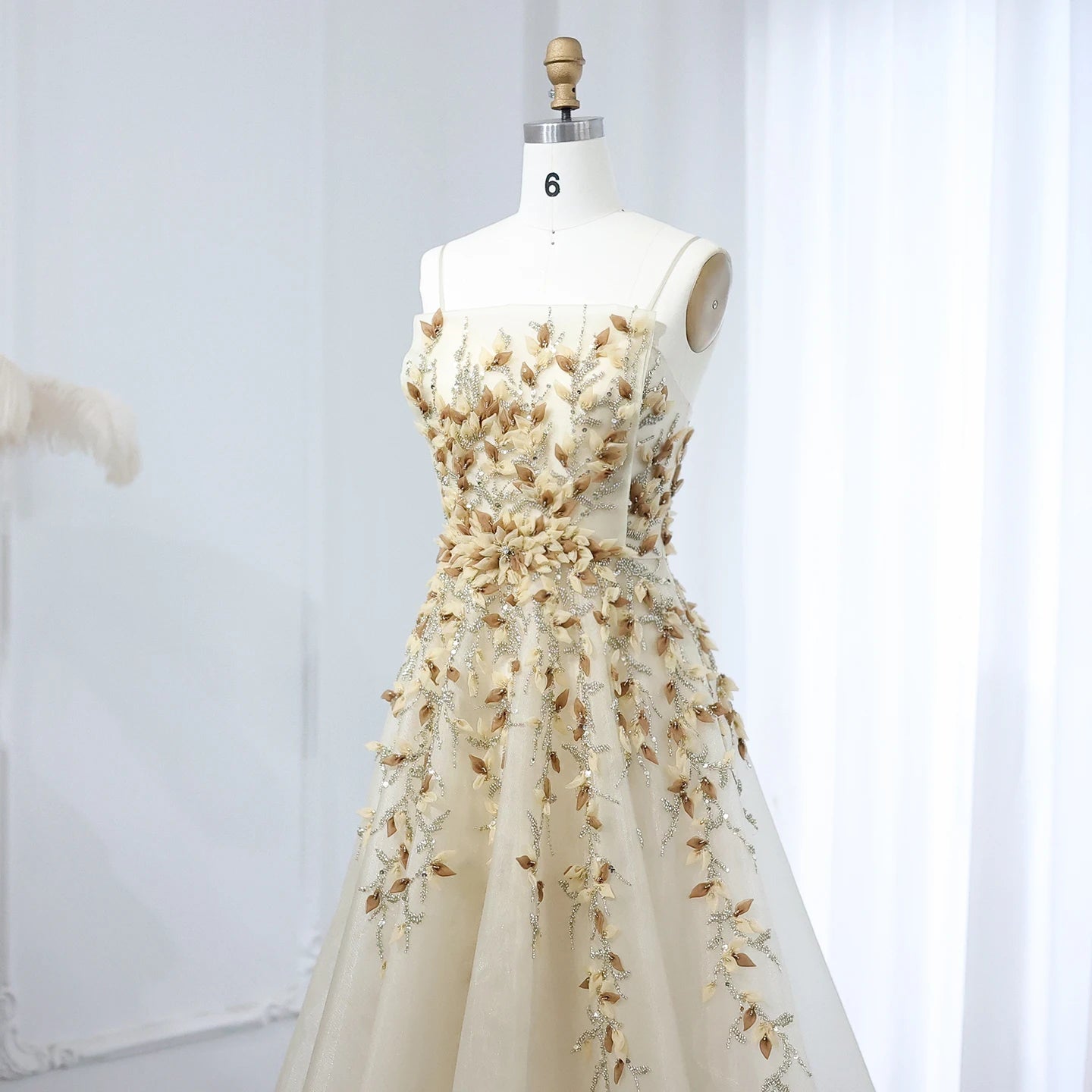 Elegant Beige with 3D Floral Embroidery A-Line  Luxury Dress