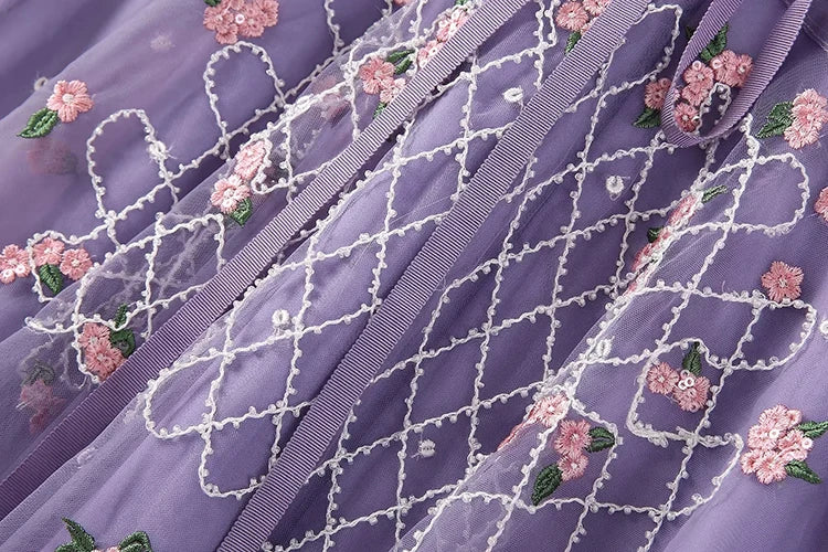 Abigail V-Neck Lantern Sleeve Floral Embroidery Beading Elegant Party Long  Dress