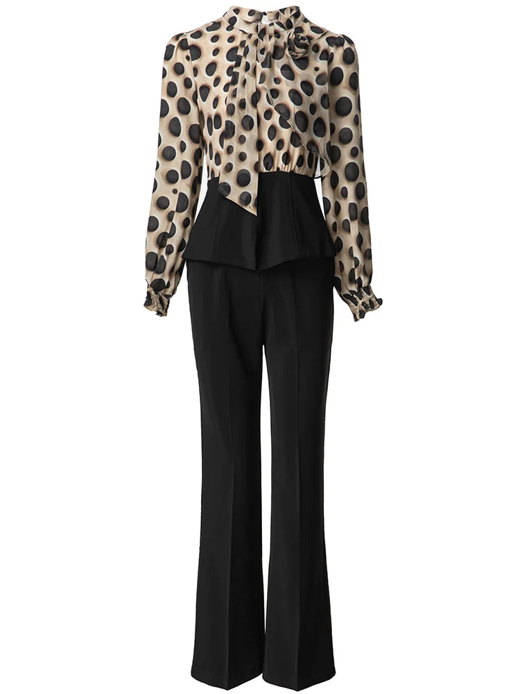 Windsor Dot Print Top + Elastic Waist Trousers Office Lady Two Piece Set