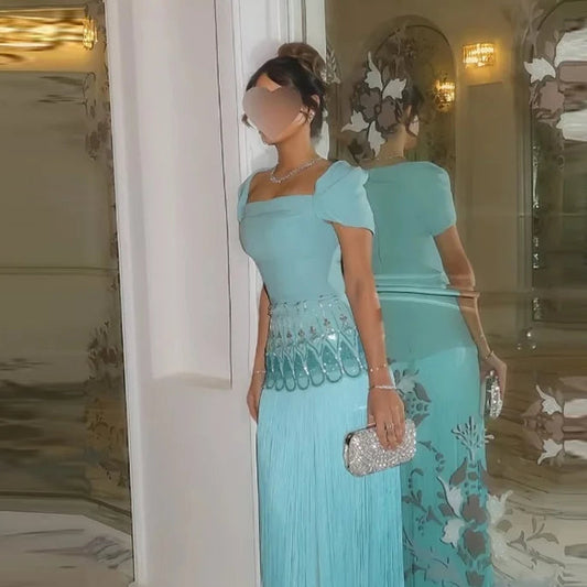 Katarina Prom Dress  Square Neck Short Sleeves Crystal Turquoise Evening Gown