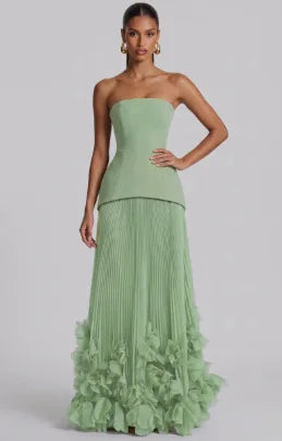 Josefa Banquet Strapless Maxi Dress 3D Floral Pleated Train Hem Luxury Gown