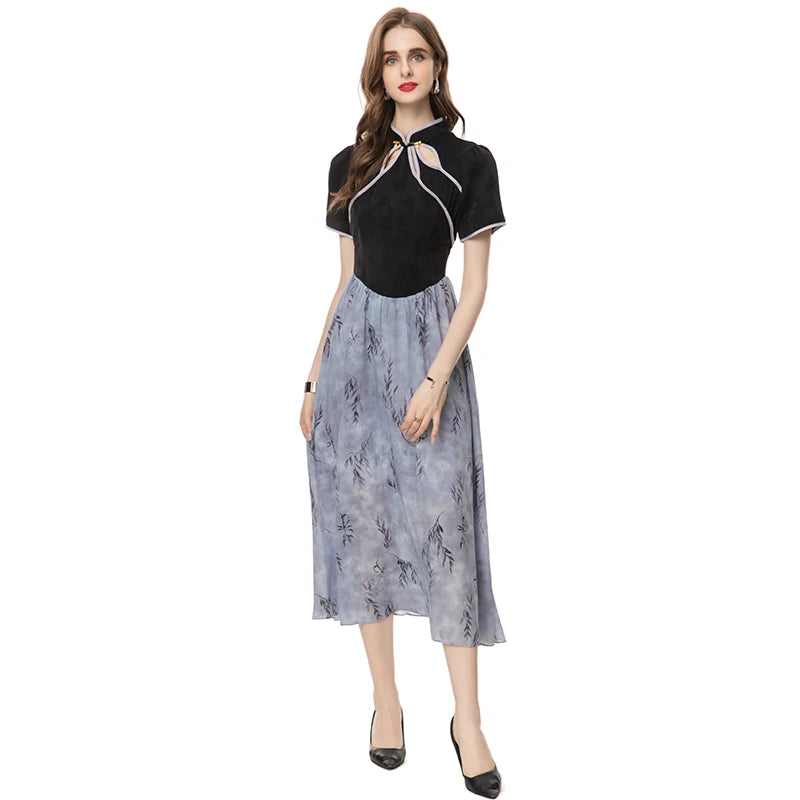 Bernadette Stand-Neck Short Sleeved Button Leaf Printing Casual  Dress