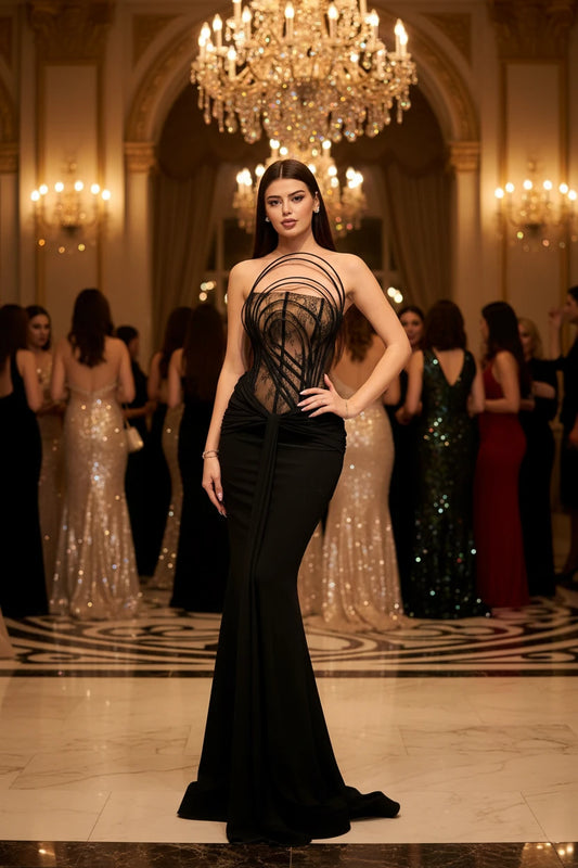 Alea Elegant Black Velvet Sheer Mermaid Prom Dress