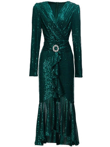 Amanda Sequins Mermaid -Neck Long Sleeve Diamond Ruffle Vintage Dress