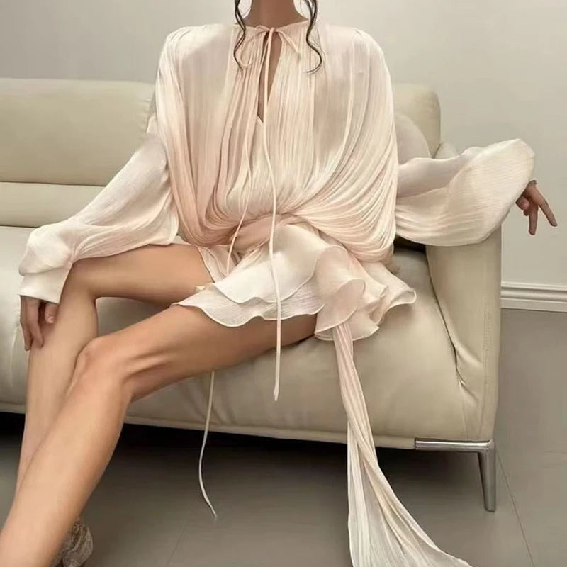 Eliany Mini Lace Up V Neck Lantern Long Sleeve Evening Hem Dress