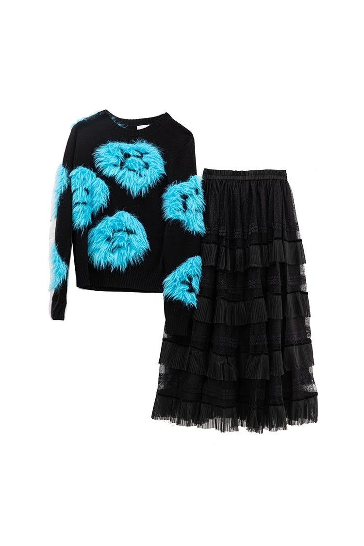 Luella Skirt Set Women Elastic Knitting Sweater+Tassels Spliced Skirt 2 Pieces Set