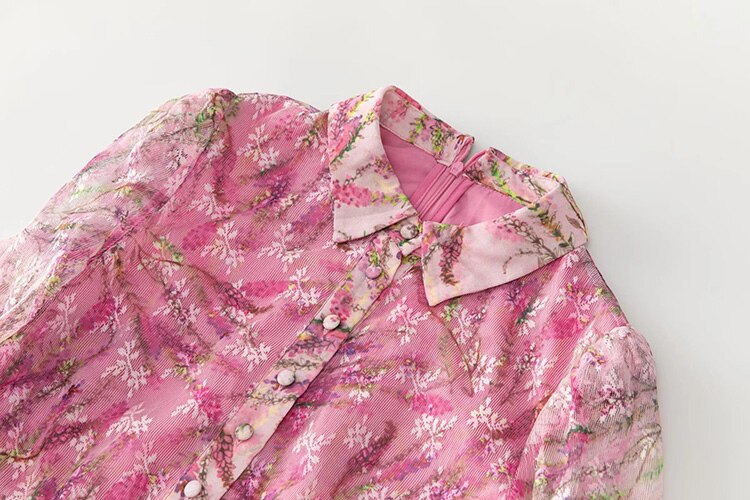 Allison Mesh-Langarm-Gürtel-Rüschen-Vintage-Print-langes Kleid