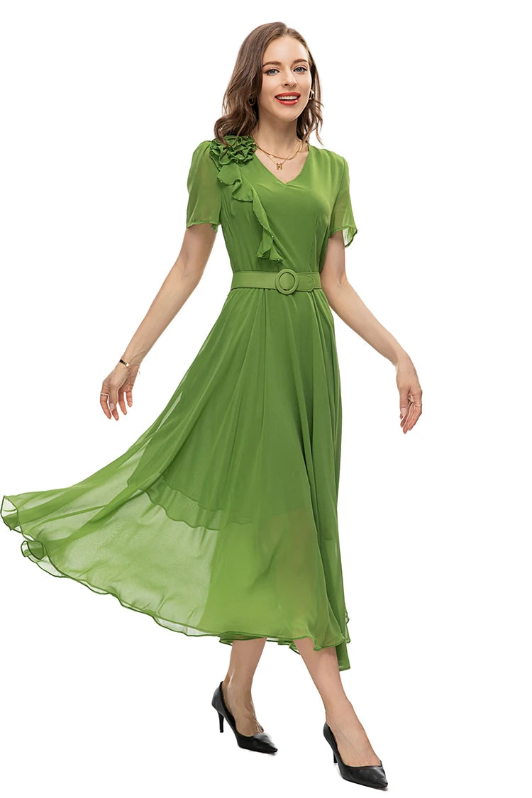 فستان بونيتا طويل نحيف برقبة على شكل حرف V مزين بكشكشة ماسية وأوشحة