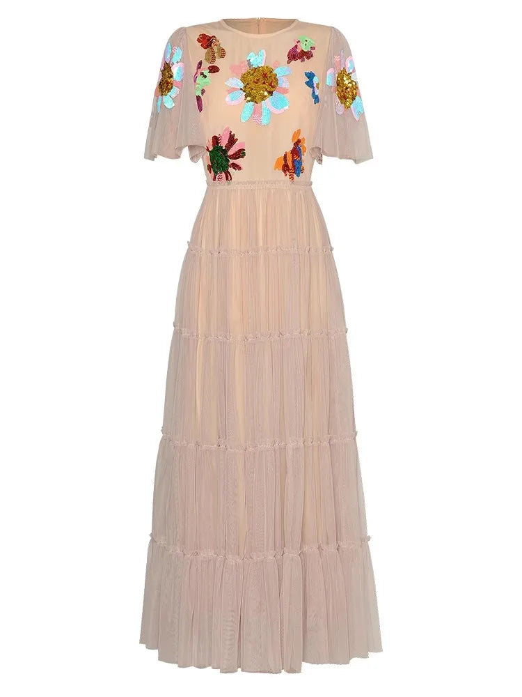 Fatima O-Neck Flare Sleeve Sequins Embroidery Elegant Party Dress