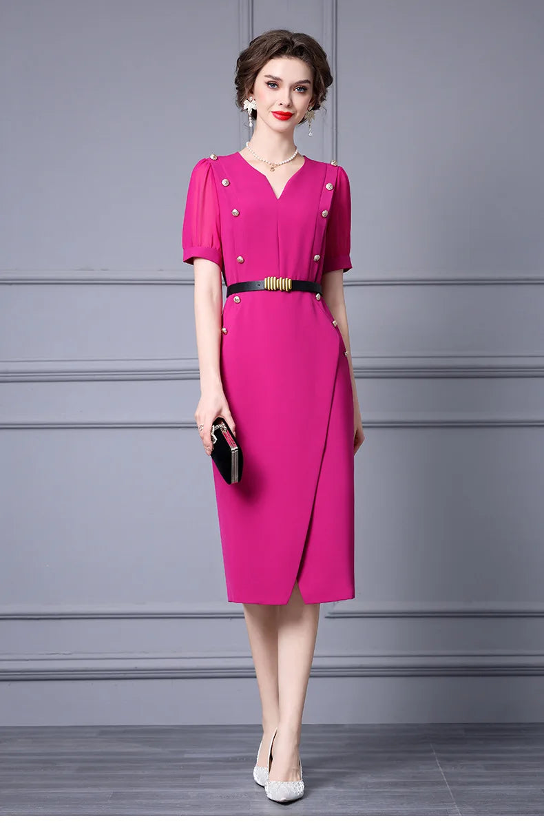 Meredith Button Elegant Luxury Style Empire Woman Pencil Dress Rose Red / L Meredith Button Elegant Luxury Style Empire Woman Pencil Dress Rose Red / L