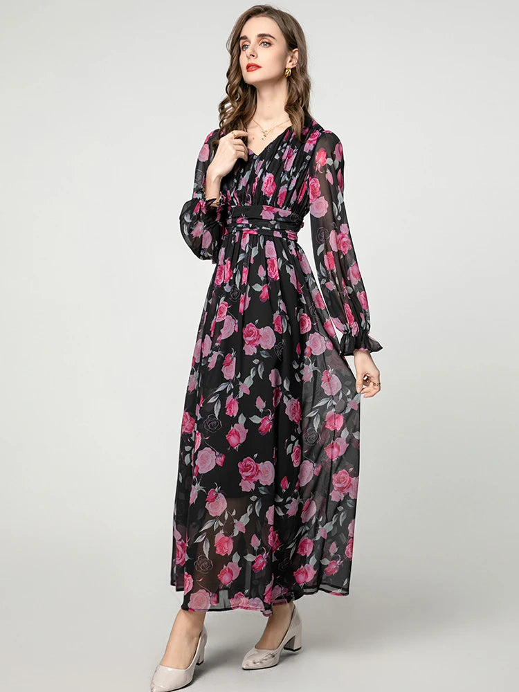 Eliana Vintage Rose Print V-Neck Dress