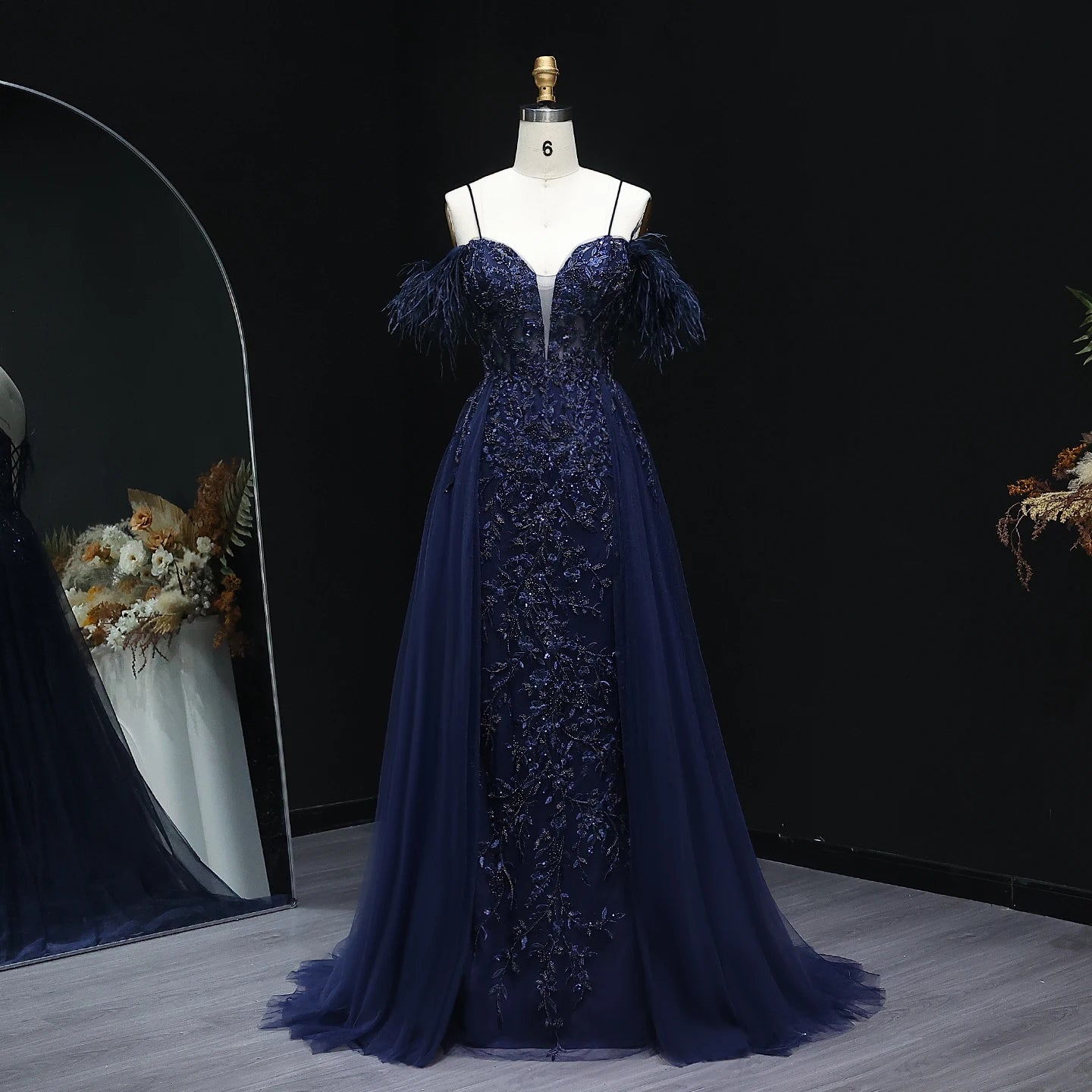 Maria Tulle A-Line Long Feather Off Shoulder Prom Dress