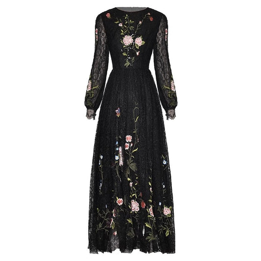 Molly Sequins Lace Dress Women O-Neck Lantern Sleeve Floral Embroidery Black Vintage Dress