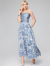 Load image into Gallery viewer, Arianne Square Collar Spaghetti Strap Blue Flower Dress