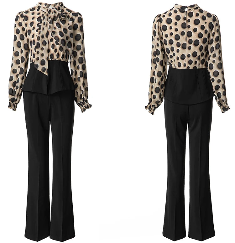 Windsor Dot Print Top + Elastic Waist Trousers Office Lady Two Piece Set