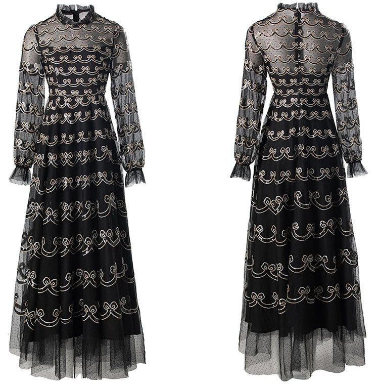 Tilda Long Dress Women's O-Neck Lantern Sleeve Sequins Embroidery Vintage Dress