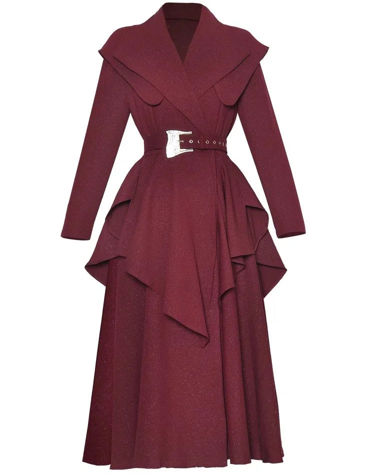 Elora Turn-Down Collar Long-Sleeved Flounced Edge Splicing Dress