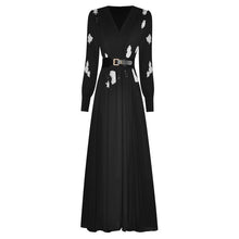 Load image into Gallery viewer, Valentina Early Autumn Dress Women V-Neck Long Sleeve Embroidery Belt Vintage Party Black Dress