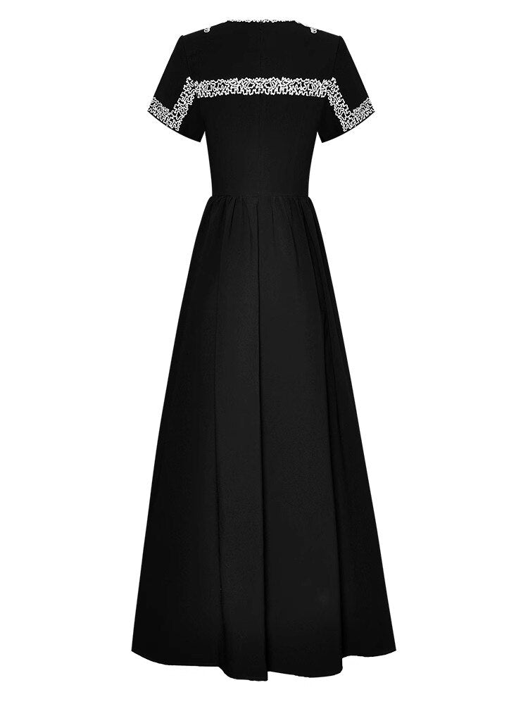Regina Contrasting Colors Embroidery High Waist Slim Vintage Party Long Dress