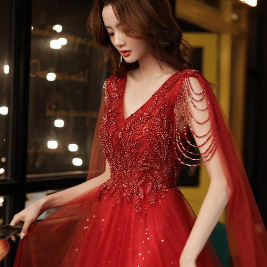 Jheanx Sexy V-neck Ball Gown Wedding Evening Party Summer Dress French Red Sequined Bride Wedding Dress Women Formal Vestidos