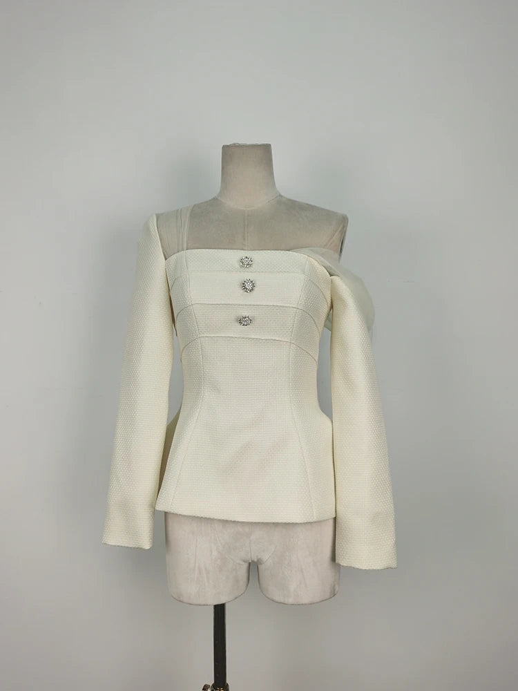 Angelica 2 Pcs Set Skew Collar Long Tops  & High Waist Mesh Skirt Suit