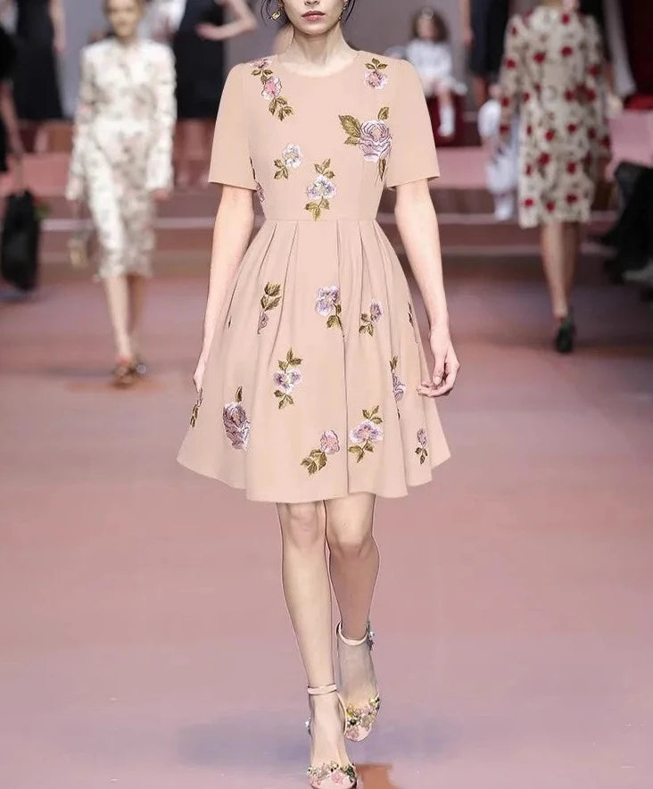 Kendall O-Neck Short Sleeve Floral Sequins Embroidery Vintage Dress