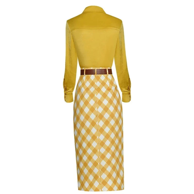 Rylie Skirts Suit Women Turn-down Collar Yellow Shirt + Slim Sashes Plaid Skirts Two Pieces Set