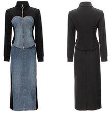 Load image into Gallery viewer, Raina Denim Patchwork Suit Women Stand Collar Long Sleeve Coat+Pockets Pencil Skirt High Street 2 Piece Set