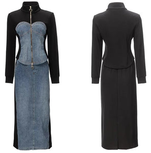 Raina Denim Patchwork Suit Women Stand Collar Long Sleeve Coat+Pockets Pencil Skirt High Street 2 Piece Set