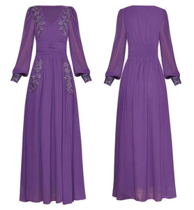 Elia Maxi Dress Women V-Neck Lantern Sleeve Beading Appliques Folds Elegant Party Slit Long Dress
