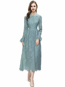 Laurel  Beading Peter pan Collar Flare Sleeve Vintage Long Dress