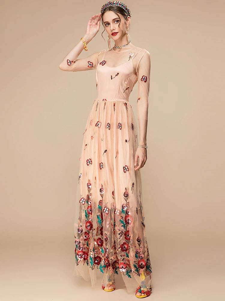 Zaria Floral Embroidery Vintage Party Long Dress